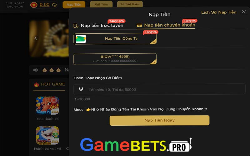 Các bước nạp tiền gamebet đơn giản