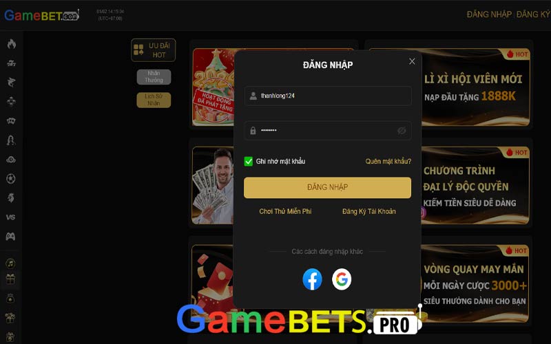 Đăng nhập gamebet nhanh